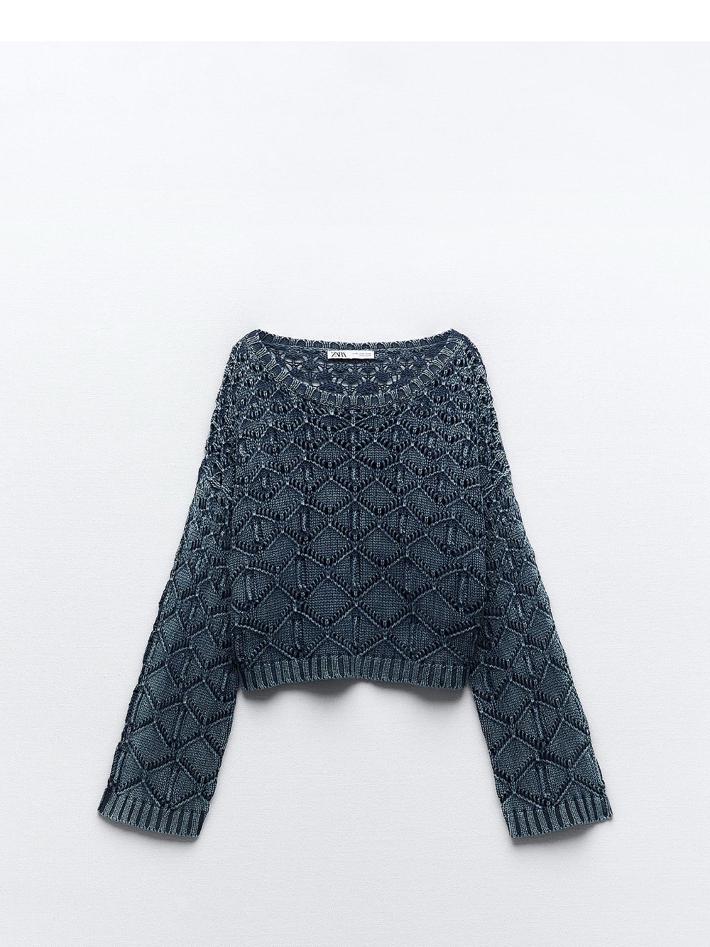 ZARA NWT Washed Effect Knit Sweater Indigo Blue Textured Cropped Top Size Small